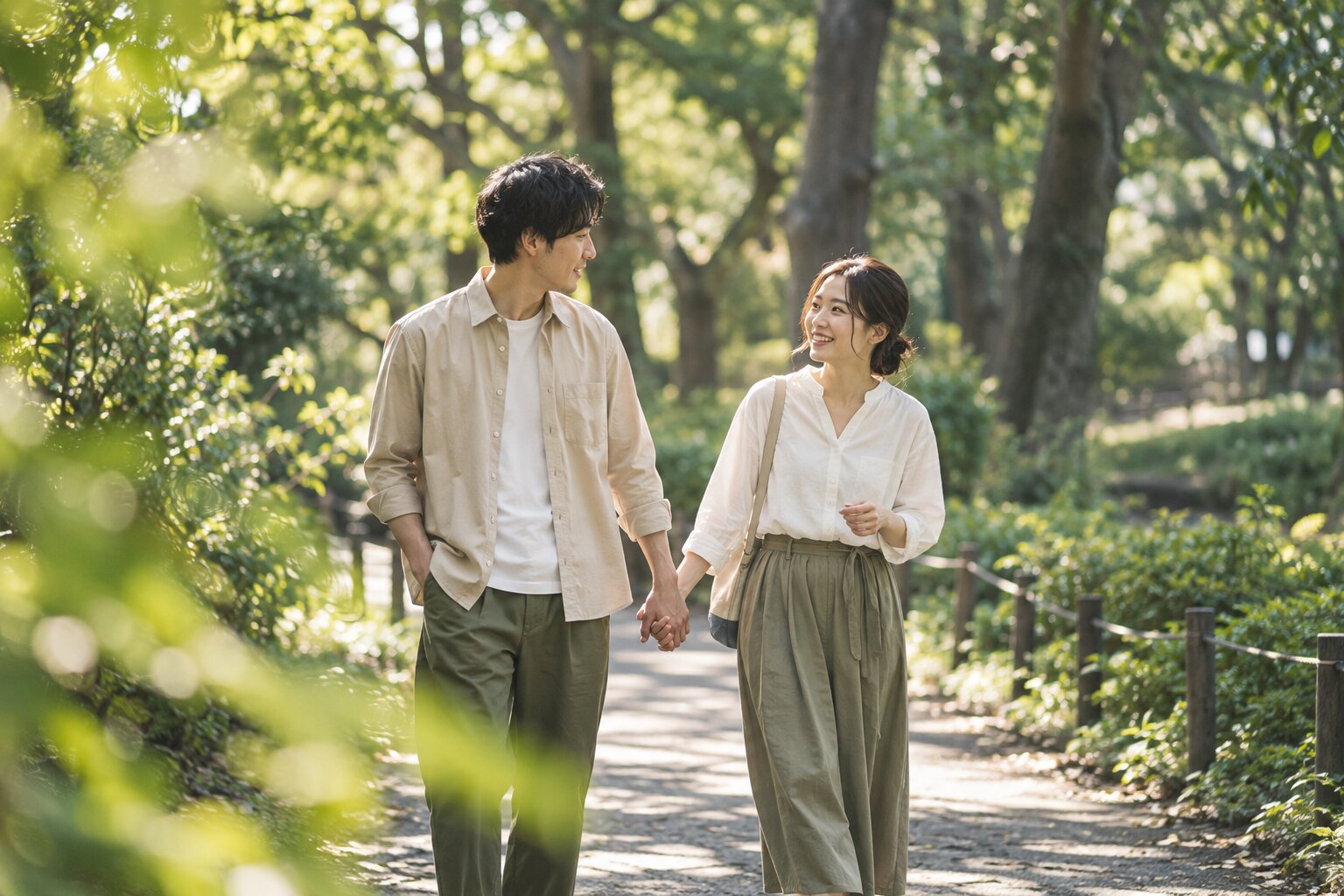 緑の並木道で手をつなぎ、顔を見合わせながら歩くカップルのAI生成イメージ