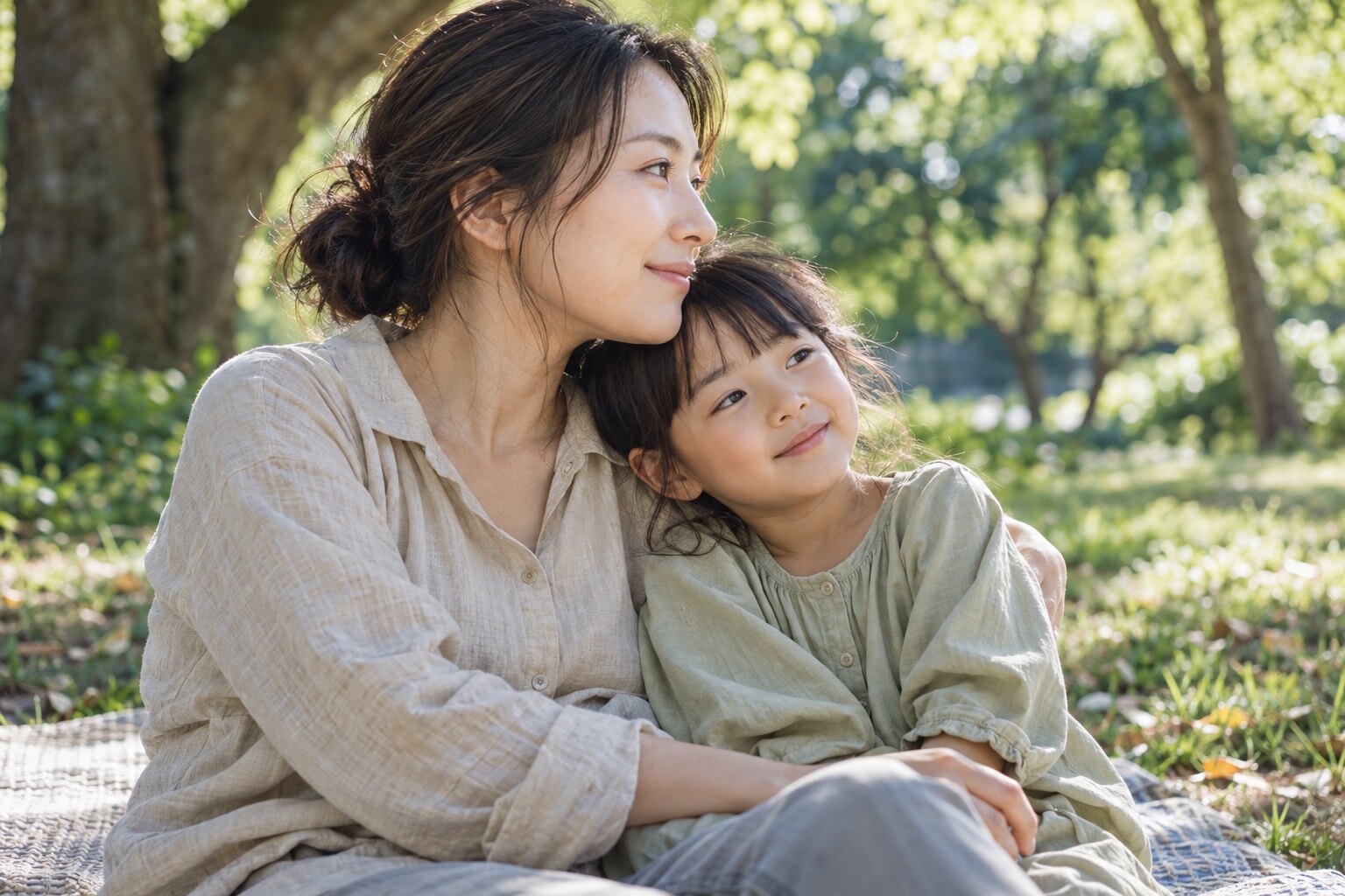 木漏れ日の公園で寄り添い、同じ方向を見つめる母子のAI生成イメージ