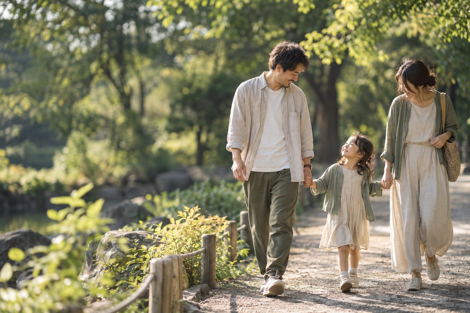 公園の小道で、子どもを真ん中に手をつないで歩く家族のAI生成イメージ